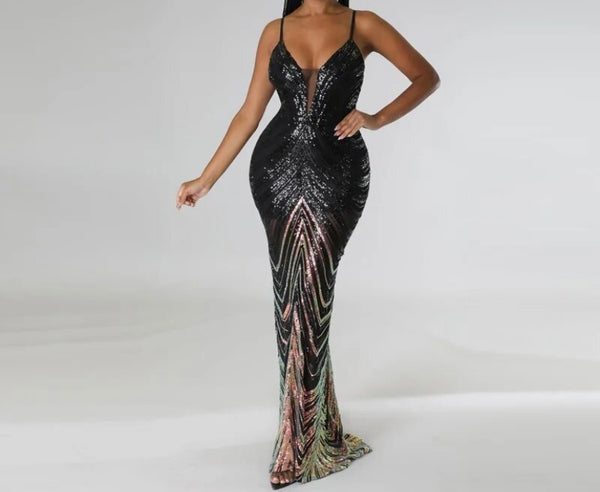 Women Sexy Sleeveless Sequins Gradient Maxi Dress