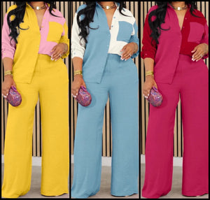 Women Color Patchwork Button Up Full Sleeve Two Piece Pant Set