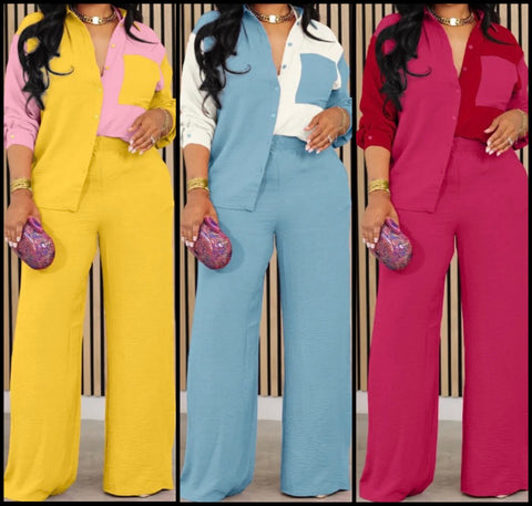 Women Color Patchwork Button Up Full Sleeve Two Piece Pant Set