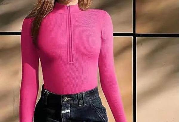 Women Fashion Ribbed Front Zipper Full Sleeve Bodysuit Top