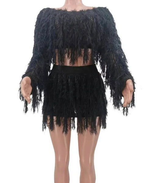 Women Sexy Fringe Full Sleeve Two Piece Skirt Set