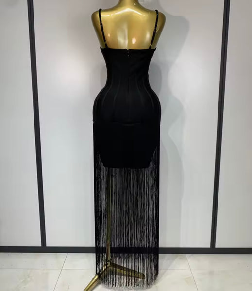 Women Rhinestone Sleeveless Fringe Tassel Sexy Maxi Dress
