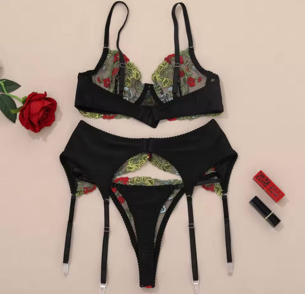 Women Sexy Black Colorful Floral Mesh Lingerie Set