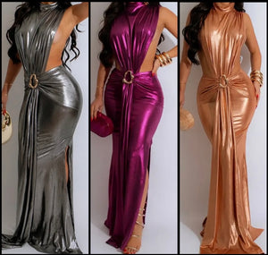 Women Sexy Metallic Sleeveless Maxi Dress