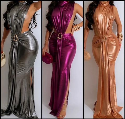 Women Sexy Metallic Sleeveless Maxi Dress