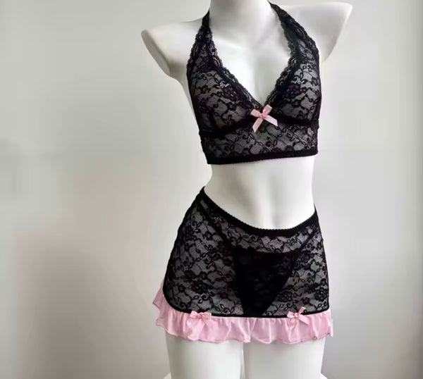 Women Sexy Lace Halter Bow Lingerie Set