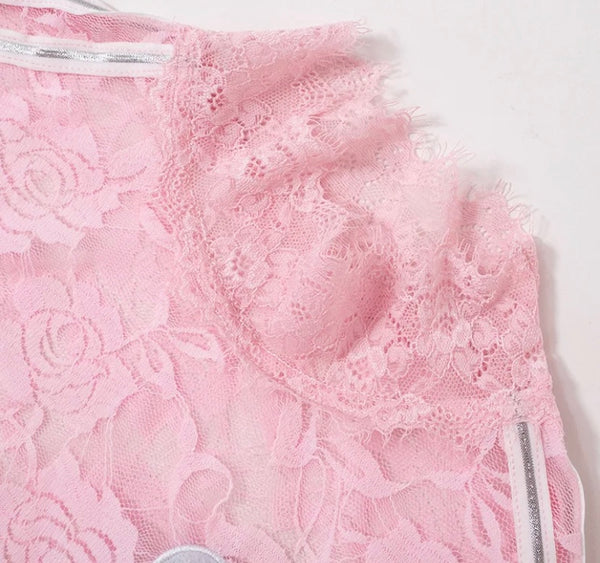 Women Pink Lace Sexy Fashion Full Sleeve Crop Top