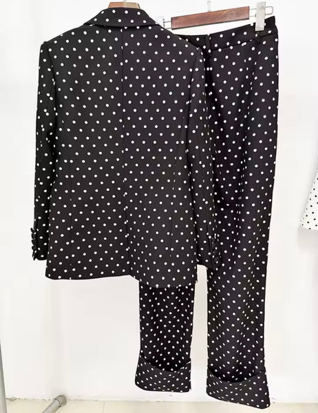 Women Fashion Bow Button Up Polka Dot Blazer Two Piece Pant Set