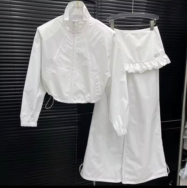 Women Fashion Zip Up Jacket Two Piece Ruffled Wrap Pant Set