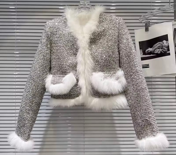 Women Fur Patchwork Sequins Fashion Tweed Jacket