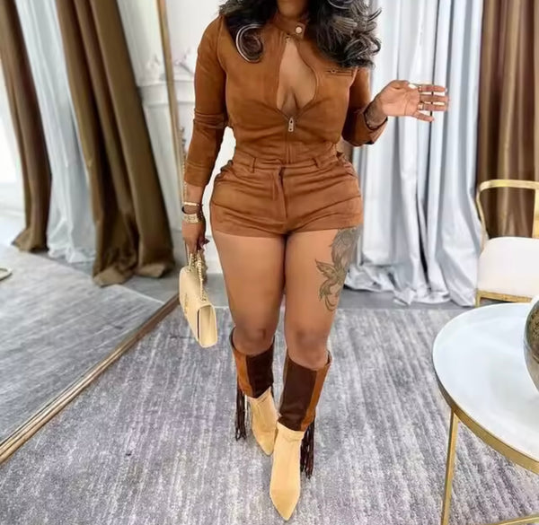 Women Suede Fashion Jacket Two Piece Short Set
