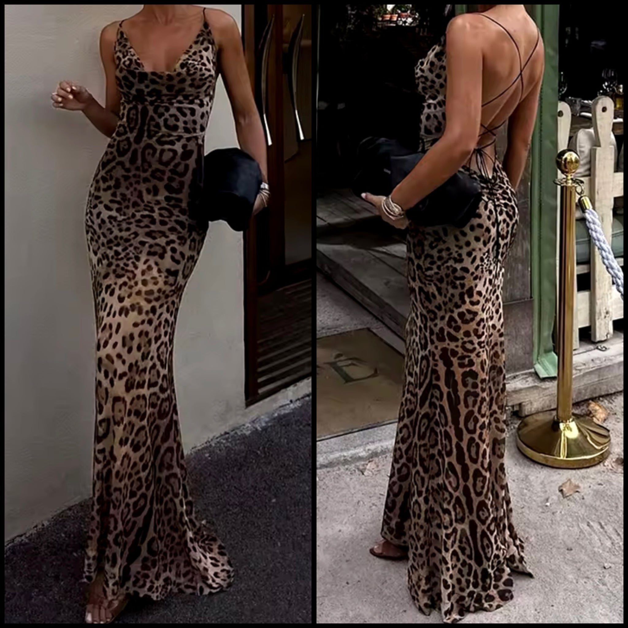 Women Leopard Sleeveless Sexy Open Back Maxi Dress