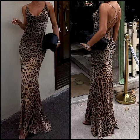 Women Leopard Sleeveless Sexy Open Back Maxi Dress