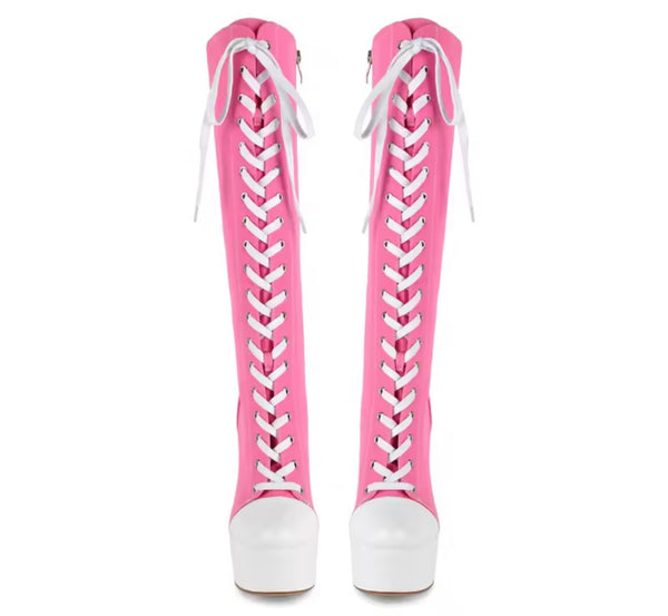 Women Fashion Color Patchwork Platform Tie Up Knee High Boots