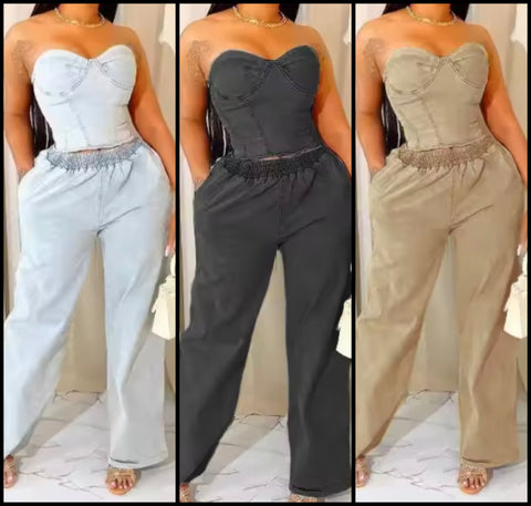 Women Strapless Denim Fashion Two Piece Wide Leg Pant Set