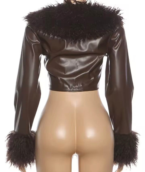 Women Brown Fur Patchwork Faux Leather Fashion Jacket