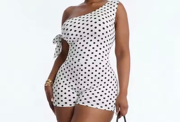 Women Sexy One Shoulder Sleeveless Polka Dot Romper