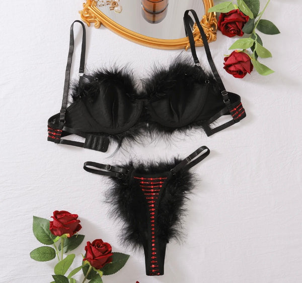 Women Sexy Color Patchwork Faux Fur Lingerie Set