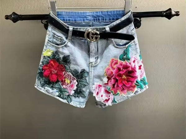Women Fashion Embroidery Floral Print Denim Shorts