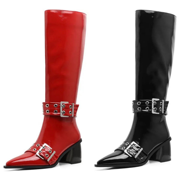 Women Fashion Pointed Toe Buckled Flat Knee High Boots