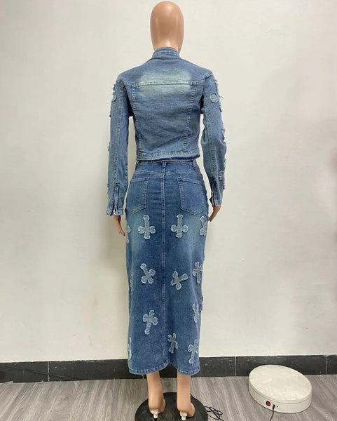 Women Fashion Printed Two Piece Denim Jacket Maxi Skirt Set