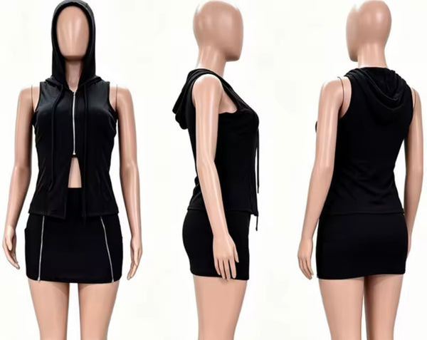 Women Sexy Zip Up Sleeveless Hooded Two Piece Skirt Set