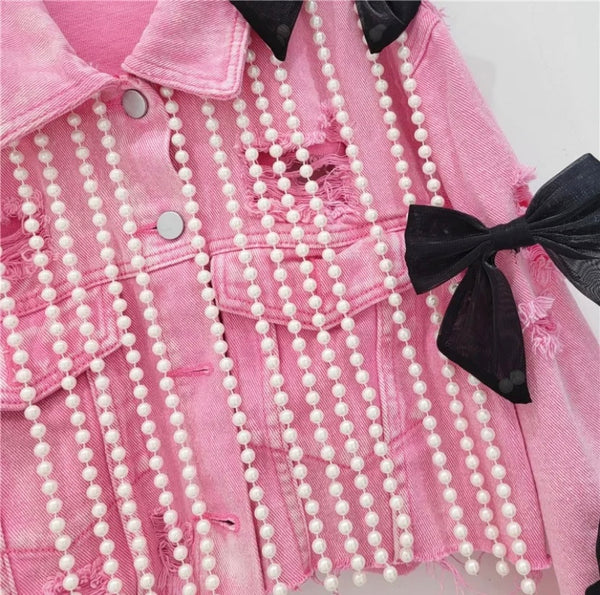 Women Pink Pearl Tassel Bow Ripped Fashion Denim Jacket