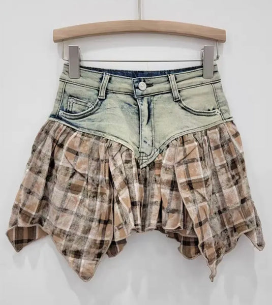 Women Sexy Fashion Color Plaid Denim Skirt