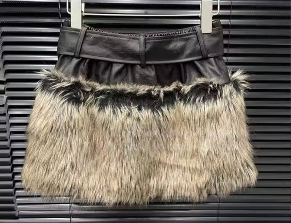 Women Faux Leather Reversible Plaid Fur Two Piece Skirt Set