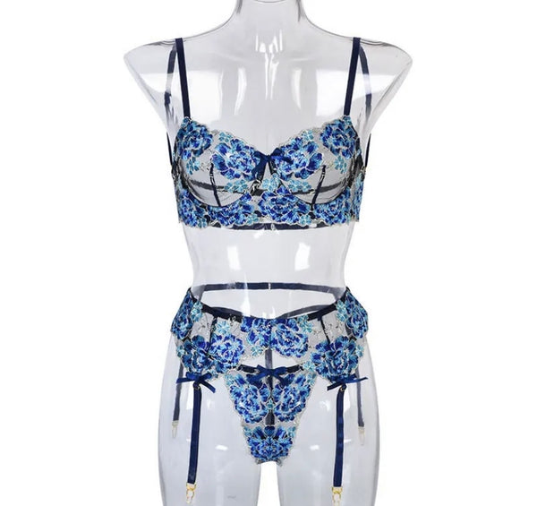 Women Sexy Blue Floral Mesh Lingerie Set