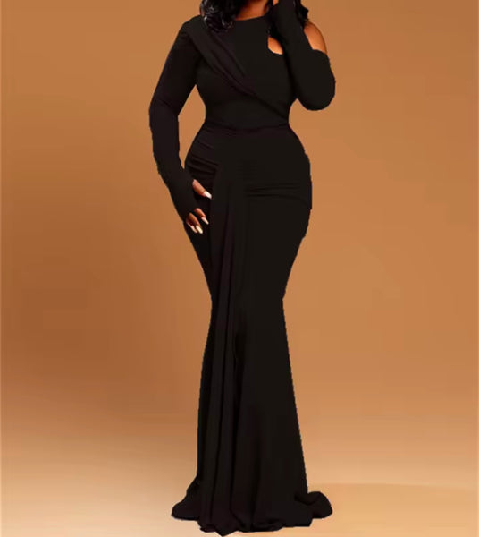 Women Sexy Ruched Tassel Full Sleeve Maxi Dress