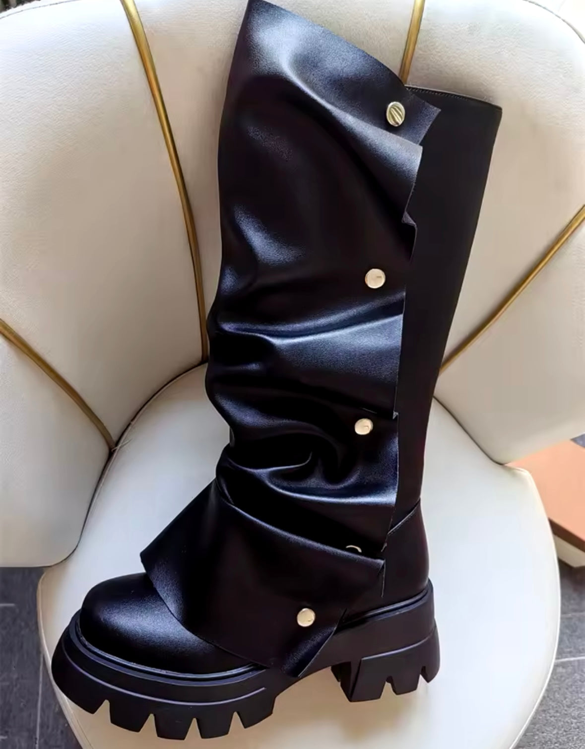 Women Fashion Color Button Faux Leather Flat Boots