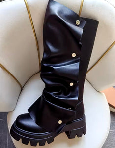 Women Fashion Color Button Faux Leather Flat Boots