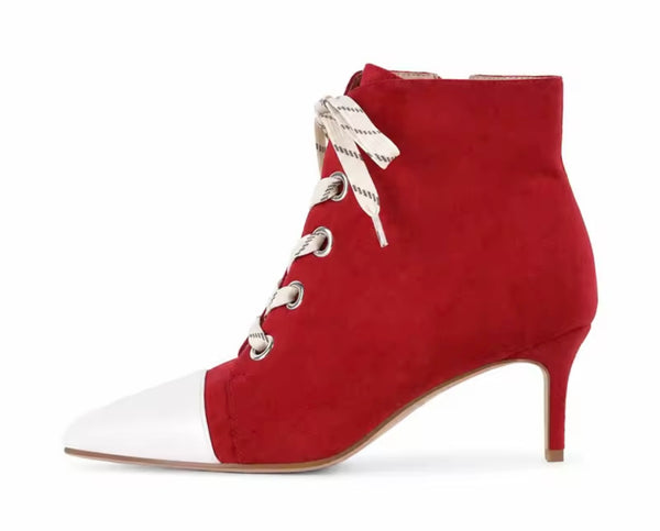 Women Fashion Pointed Toe Color Patchwork Tie Up Ankle Boots