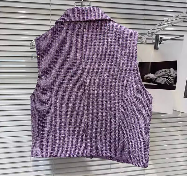 Women Sleeveless Button Up Tweed Two Piece Short Set