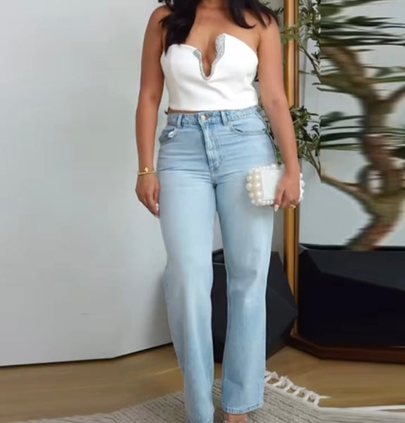 Women White Strapless Crop Sexy Two Piece Skirt Set