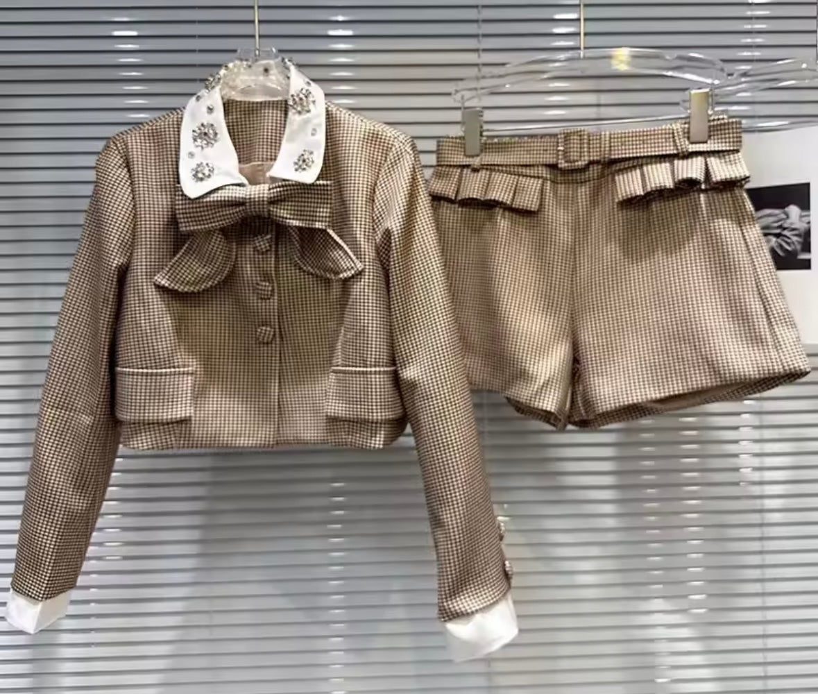 Women Bling Collar Bow Khaki Plaid Two Piece Short Set