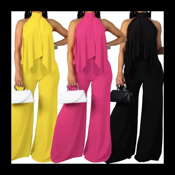 Women Halter Sleeveless Asymmetrical Top Two Piece Pant Set