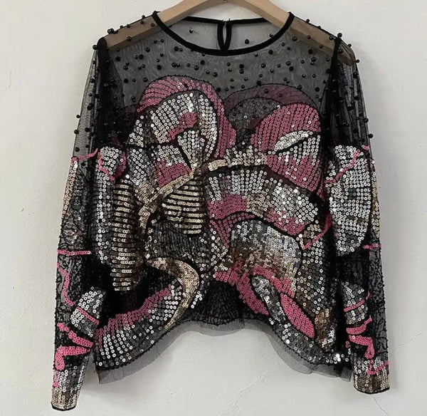 Women Fashion Colorful Sequins Print Full Sleeve Top