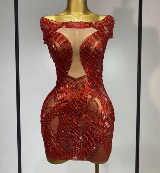 Women Sexy Sleeveless Red Crystal Mesh Dress