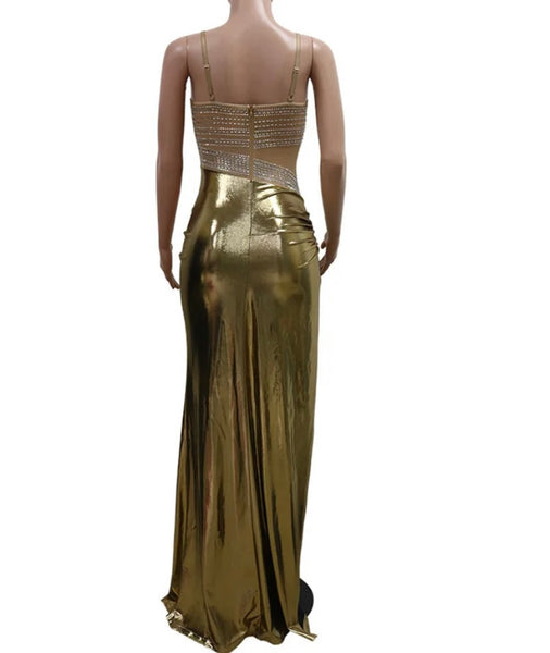 Women Sexy Sleeveless Metallic Mesh Bling Side Split Maxi Dress