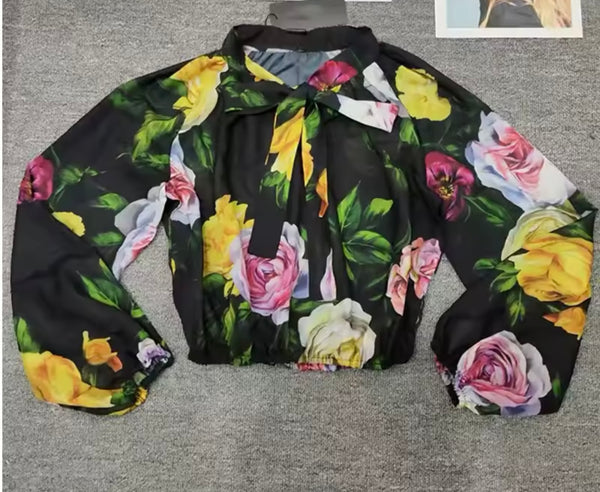 Women Black Floral Print Fashion Two Piece Short Set