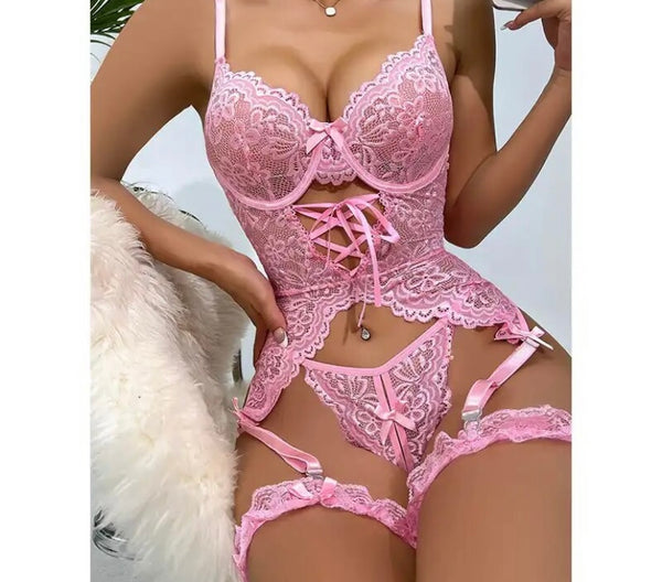 Women Sexy Solid Color Choker Lace Lingerie Set