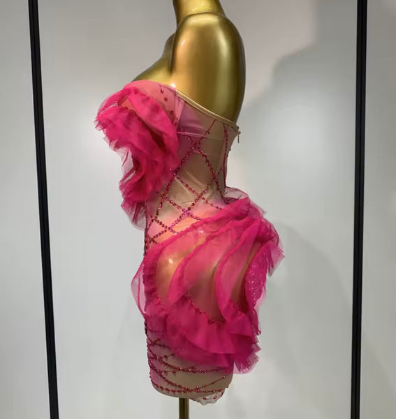 Women Pink Sexy Strapless Ruffle Rhinestone Mesh Dress