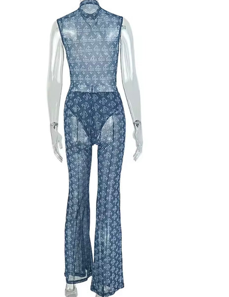 Women Sexy Sleeveless Printed See Through Two Piece Pant Set