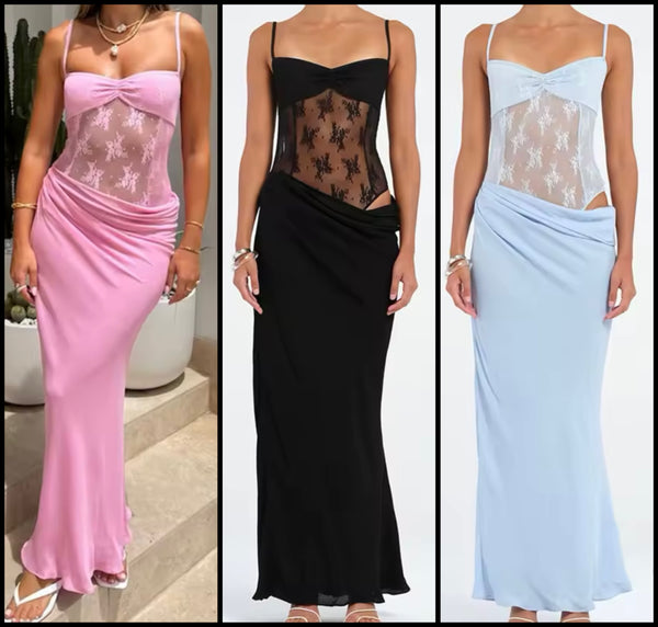 Women Sexy Sleeveless Lace Mesh Patchwork Maxi Dress