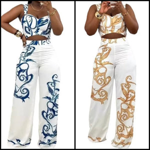 Women Fashion Sleeveless White Color Print Two Piece Pant Set