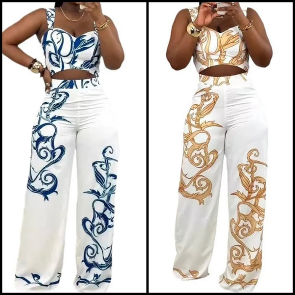 Women Fashion Sleeveless White Color Print Two Piece Pant Set
