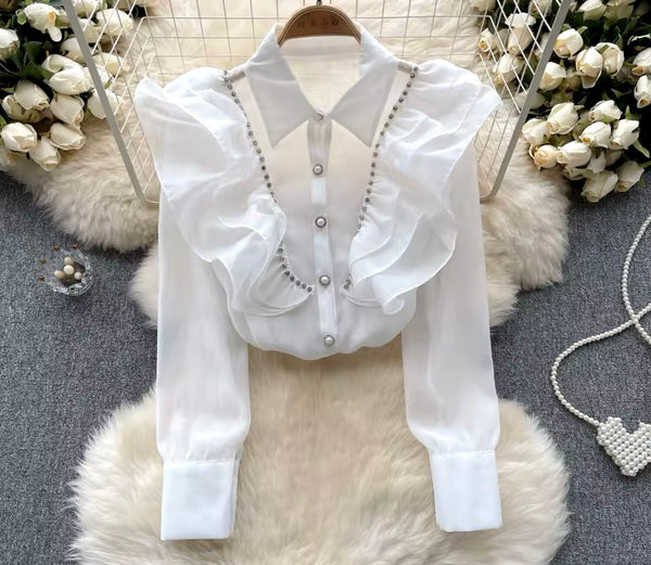 Women Bling Button Up Ruffled Mesh Fashion Top