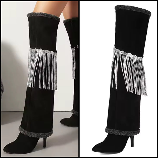 Women Black Furry Suede Tassel Fashion Over The Knee High Heel Boots
